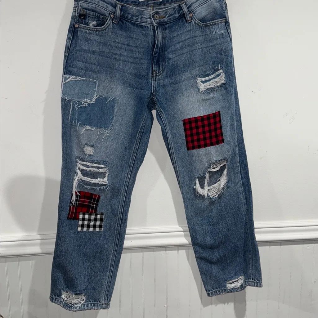 Kancan patchwork jeans denim distressed boyfriend relaxed 30 cotton Blue - Image 4