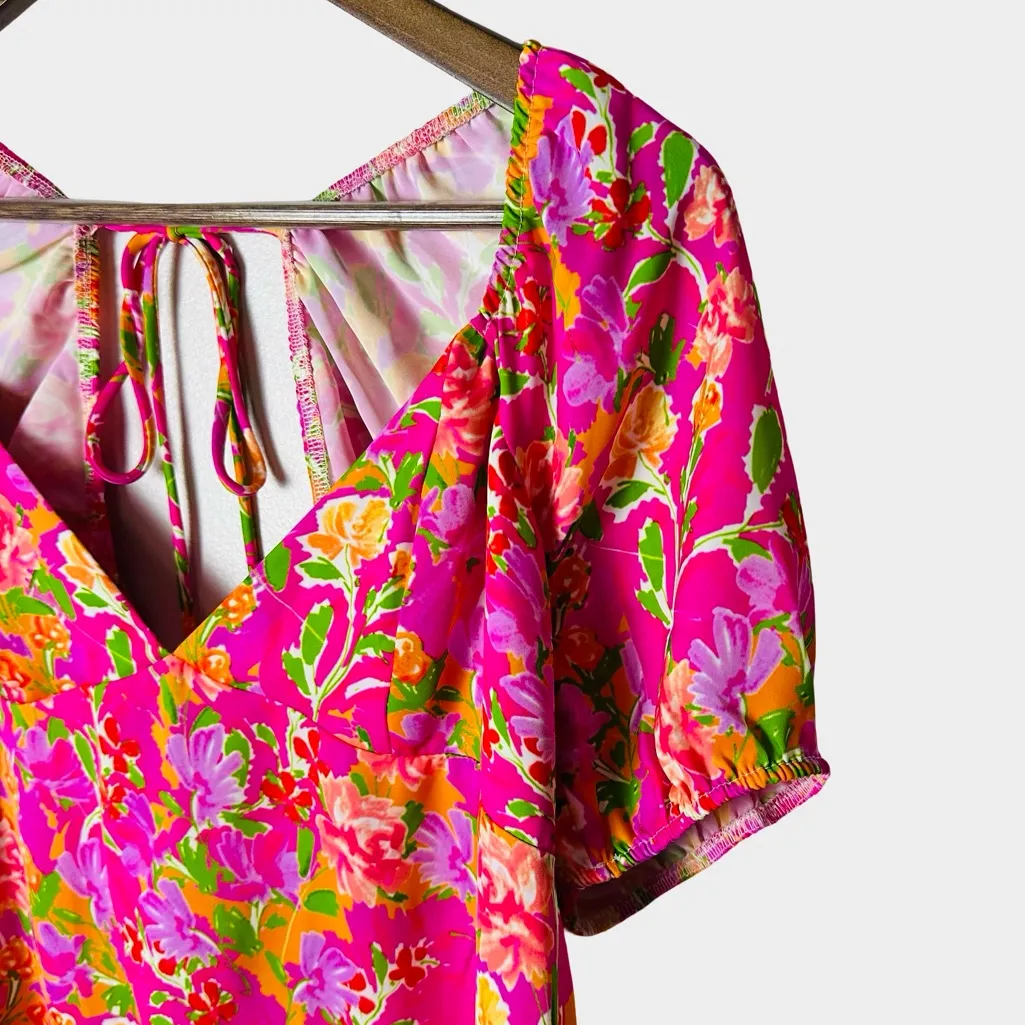 RESA Amber Floral Mini Dress Size S Pink Puff Sleeve Open Back Tie - Image 5