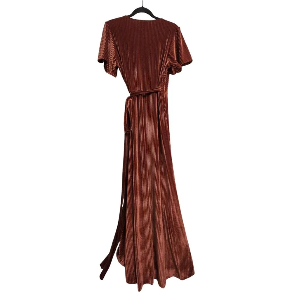 NWT Baltic Born Brown Velvet Wrap Maxi Dress V Neck Tie Waist Womens Size L - Image 6