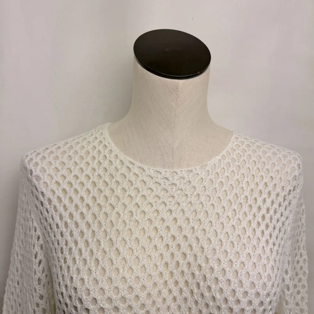 White Crochet Knit Sweater swim cover up crop long sleeve large NWT - Image 2