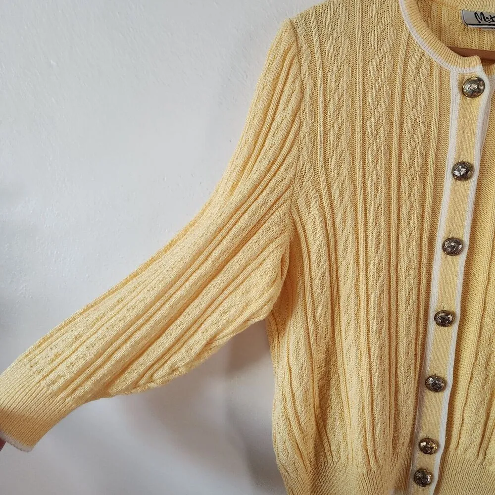 Mita Cable Knit Cardigan Vintage Long Sleeve Gold Buttons 80s Size 14 Yellow - Image 5
