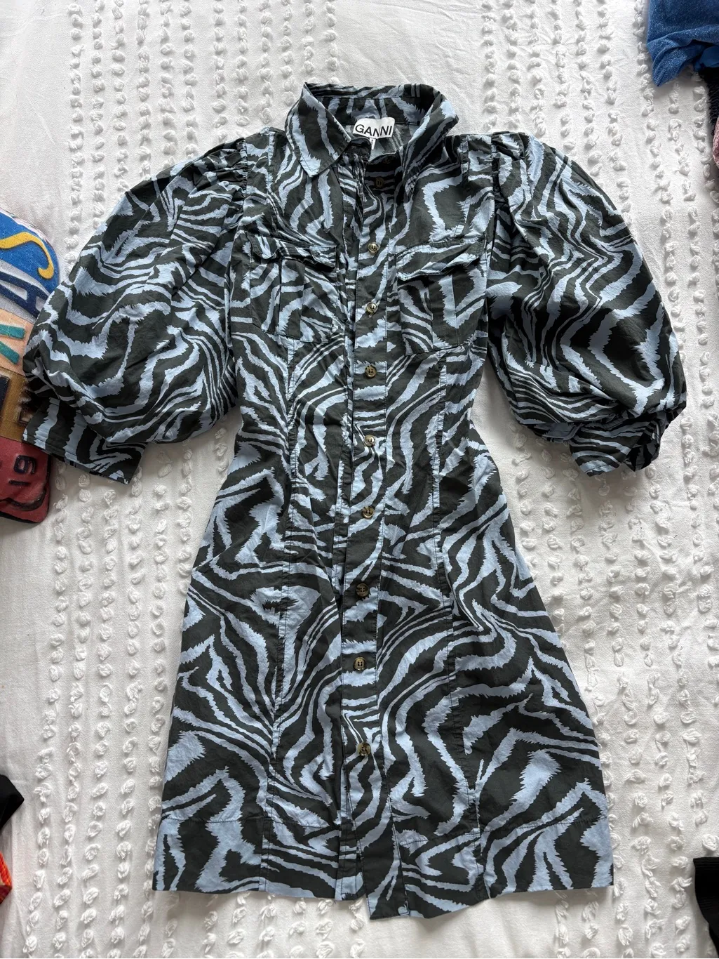 ganni blue zebra dress and Black Zebra-Print Puff-Sleeve Mini Size XS - $50 Blue striped dress