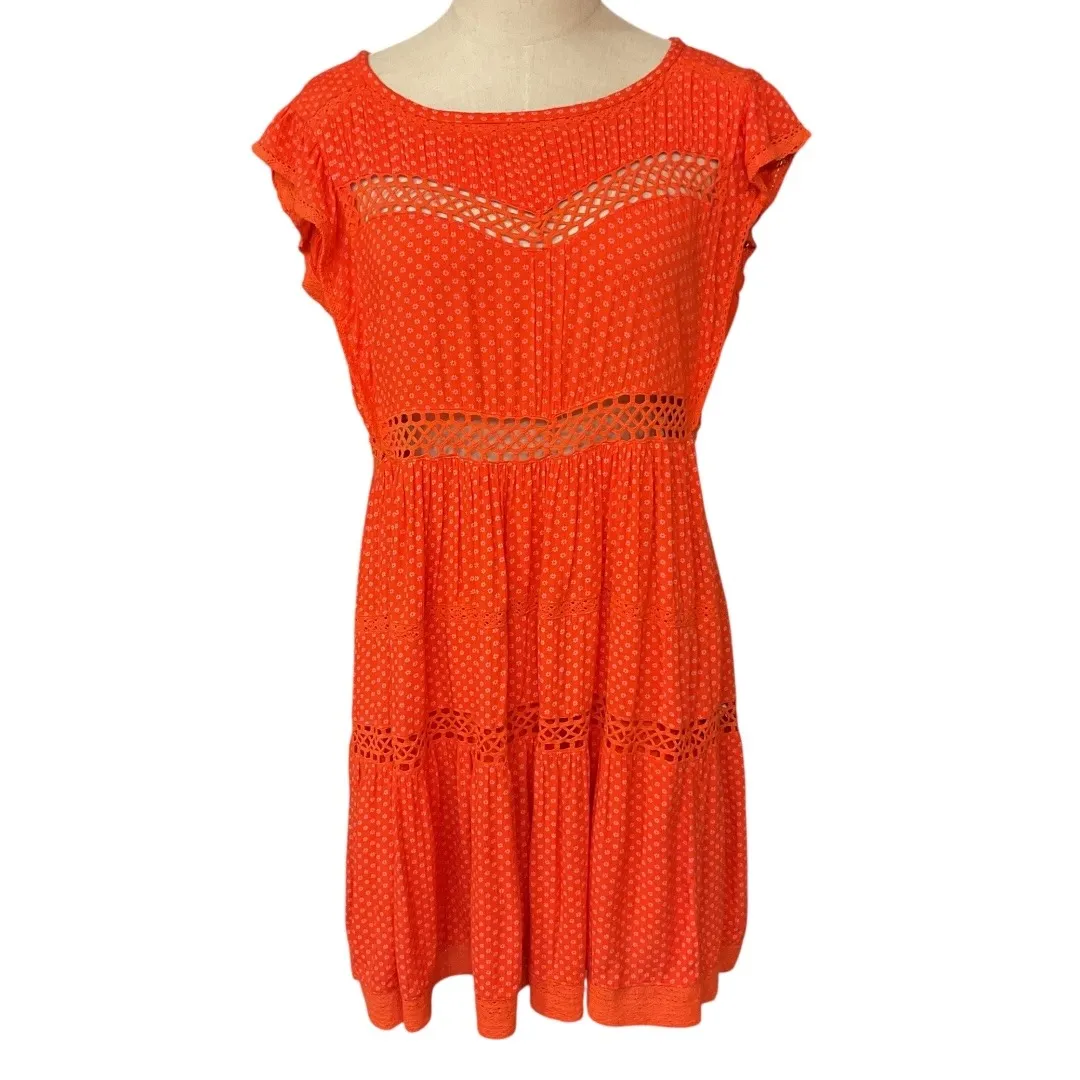Free People Retro A-line Mini Babydoll Dress Tangerine Eyelet Size XS Oversize‎ - Image 3