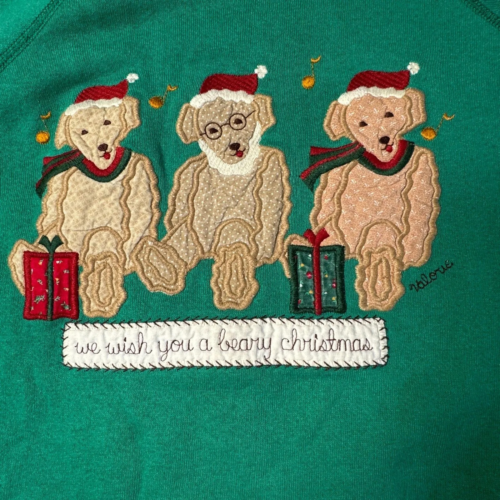 Valerie Sockwell Folk Art‎ Christmas Green Shirt Womens Large Bears 90s Vintage - Image 8