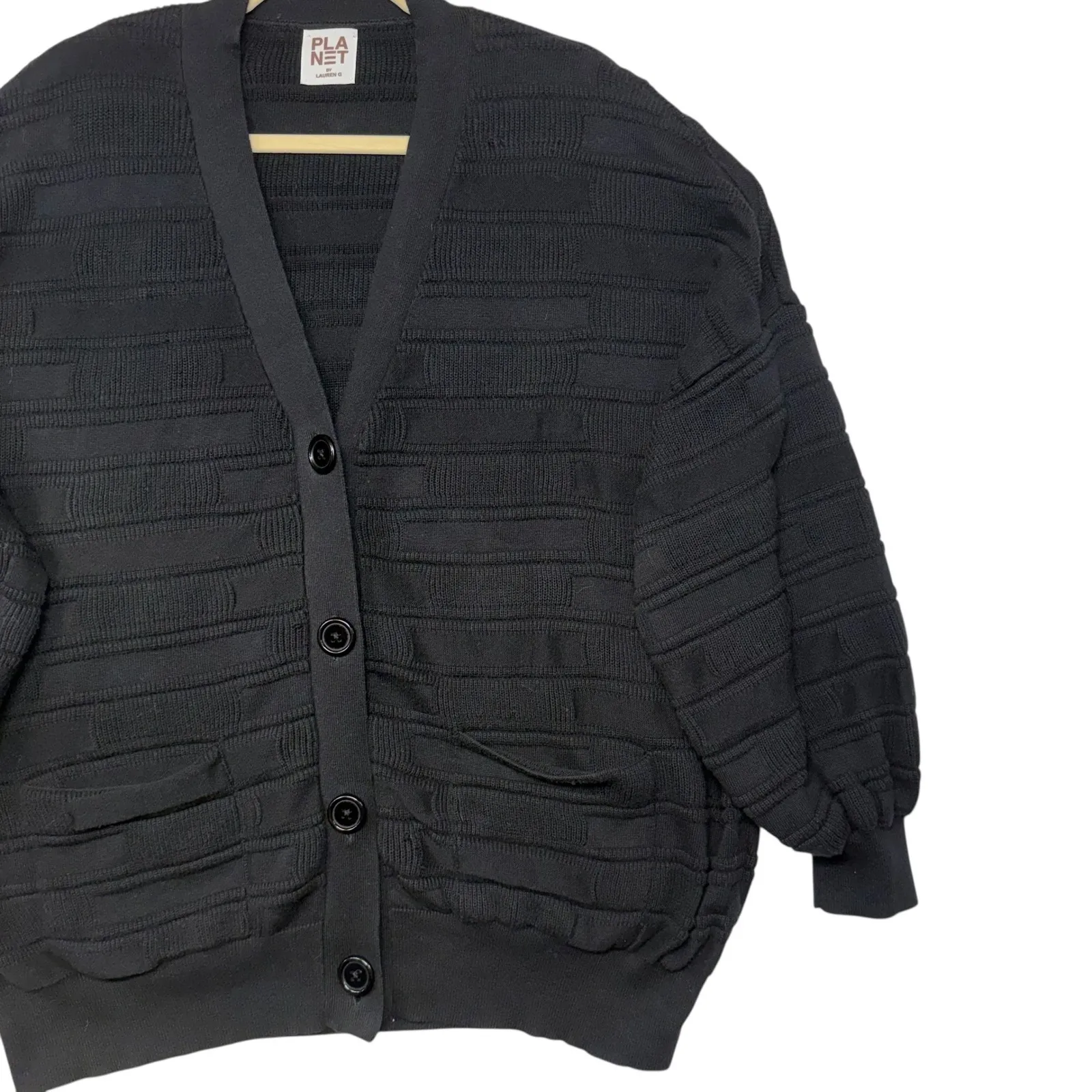 PLANET BY LAUREN G Black Textured Knit Oversized Cardigan Sweater OS Size undefined - Image 5