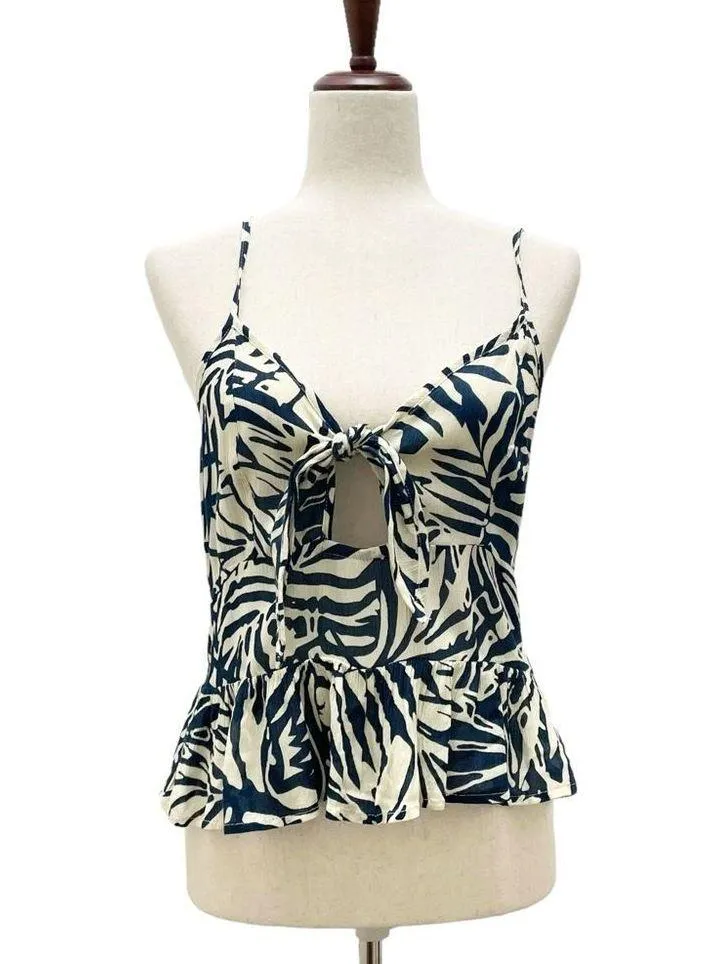 NWT Patrons of Peace Tie Front Tropical Peplum Tank Size Large Sea Blue & Cream - Image 13