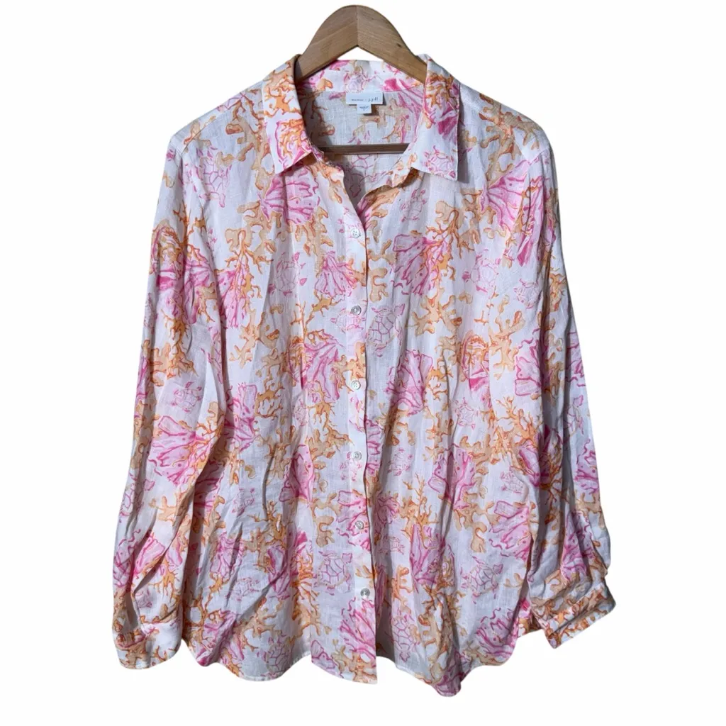 J. Jill Love Linen Coral Patterned Long Sleeve Button Down Size Large White - Image 3