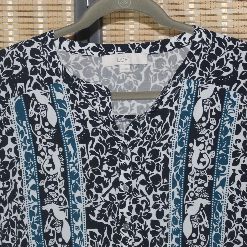 LOFT Navy White & Teal Blouse with Woodland Creatures and Unicorn Motif - Image 5