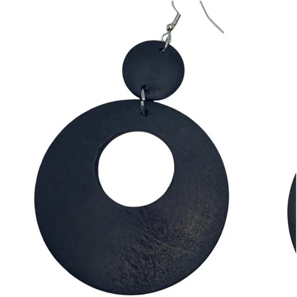 NWT Black Wood Circle Cut-Out Dangle Statement Earrings - Image 4