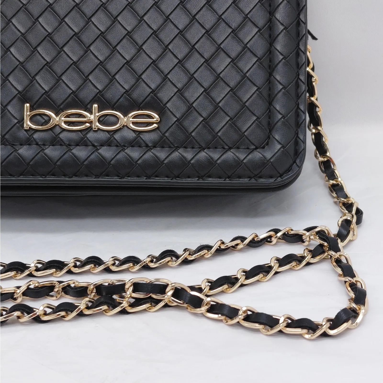 Bebe Womens Black Mini Crossbody Bag Woven Faux Leather Chain Strap Purse NWOT - Image 5