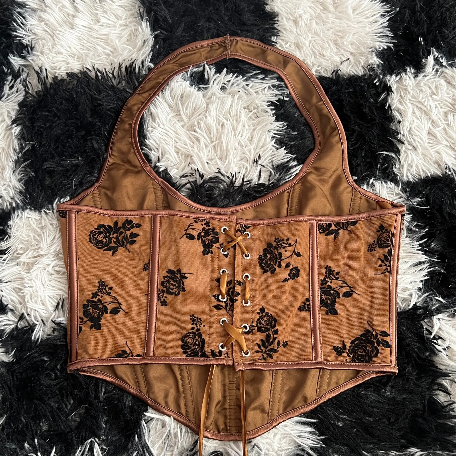 Brown Velvet Burnout‎ Bustier Corset Y2K Goth Grunge 2000s Renaissance Large - Image 3