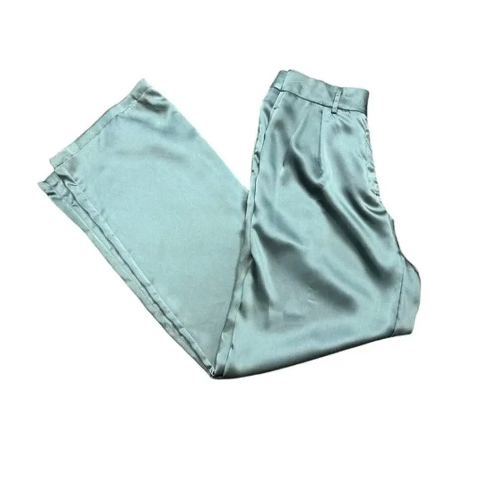 LPA Pale Blue Pleated Trouser Pants  LARGE Wide Leg Baggy Satin Long $218 NEW - Image 6