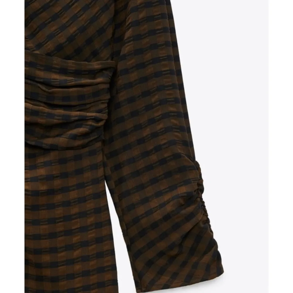 Zara textured checked draped midi dress in brown - Image 7