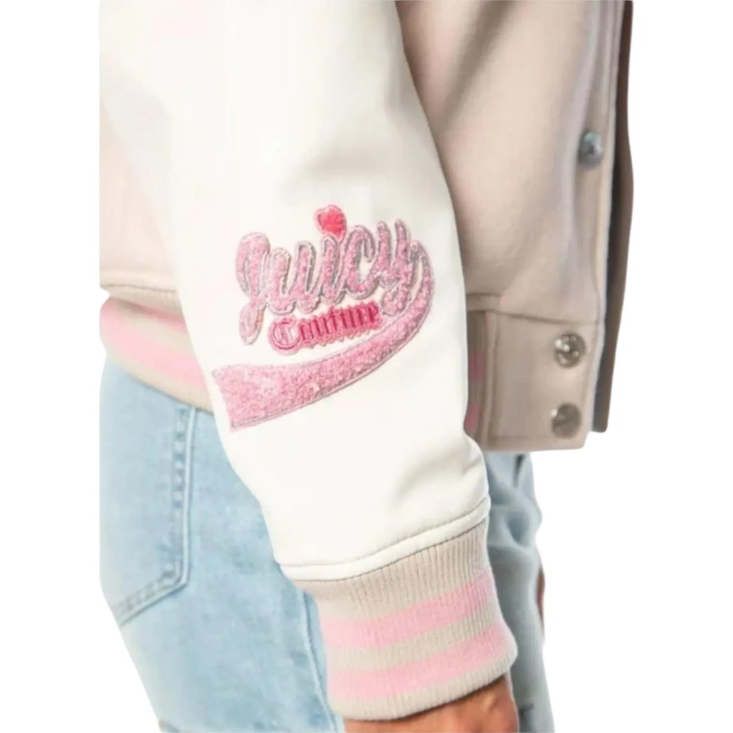 Juicy Couture Women’s Large Beige White Varsity Jacket Pink Logo Preppy Y2K - Image 4