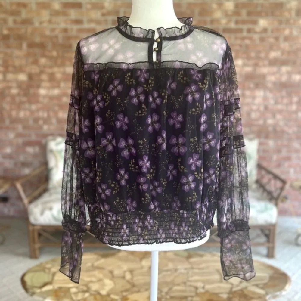 Calligraphie Black Purple Floral Mesh High Neck Smocked Top XL - Image 3