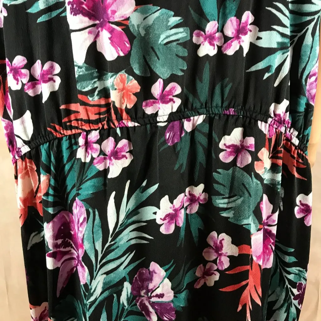 BOBEAU Satin Twist Front Black Floral-Print Dress MEDIUM - Image 2