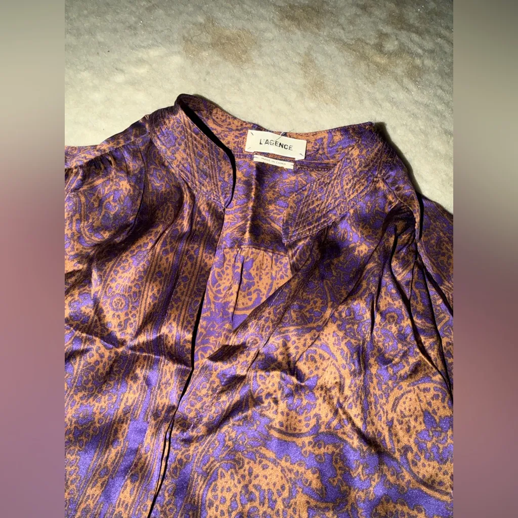 Lagence silk tunic button up boho printed brown revolve classic winter $345 xs - Image 8