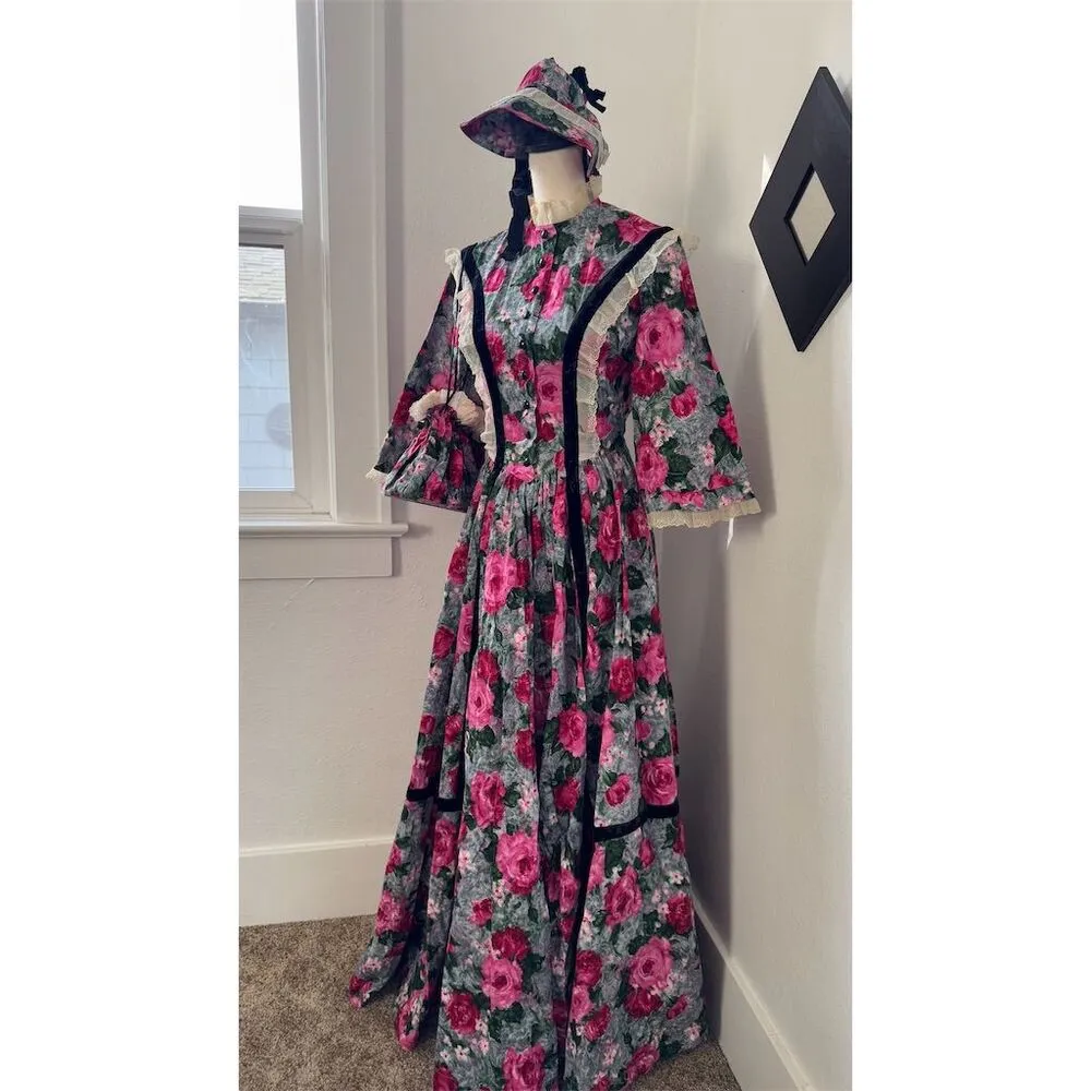 STUNNING handmade Vintage Victorian Floral Dress Sun Hat Set Handbag Womens Sz S - Image 5