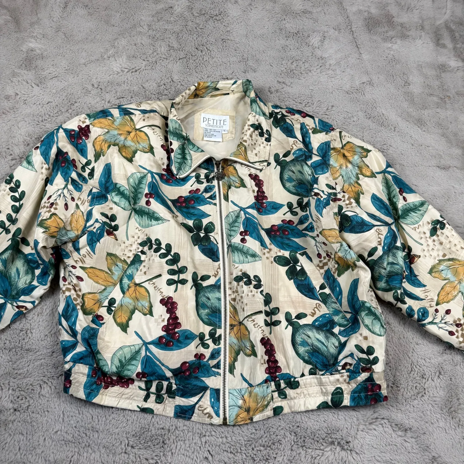 Vintage Petite Sophisticate Floral 100% Silk Bomber Jacket Botanical Print L - Image 10