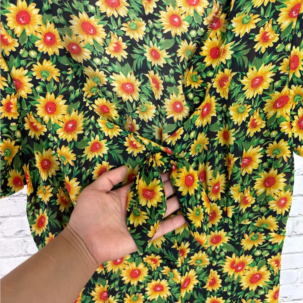 Vintage 90’s Sunflower Print Button Down Maxi Dress Black Size 8 - Image 4
