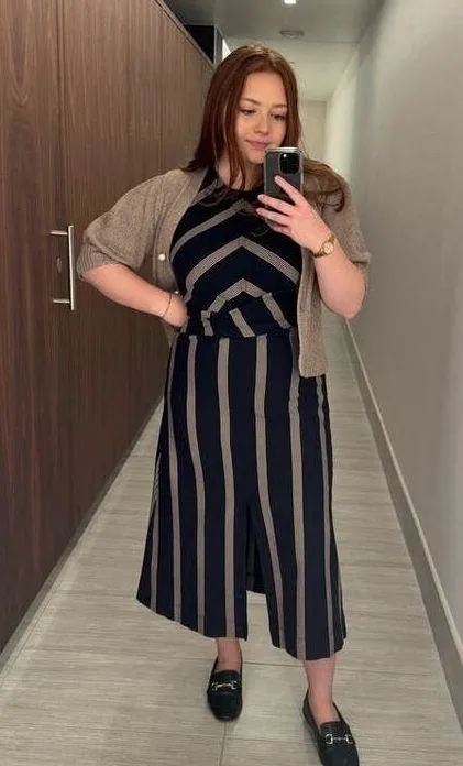 TANYA TAYLOR Dark Navy Blue Pinstripe A-Line Sleeveless Midi Dress Size Large - Image 4