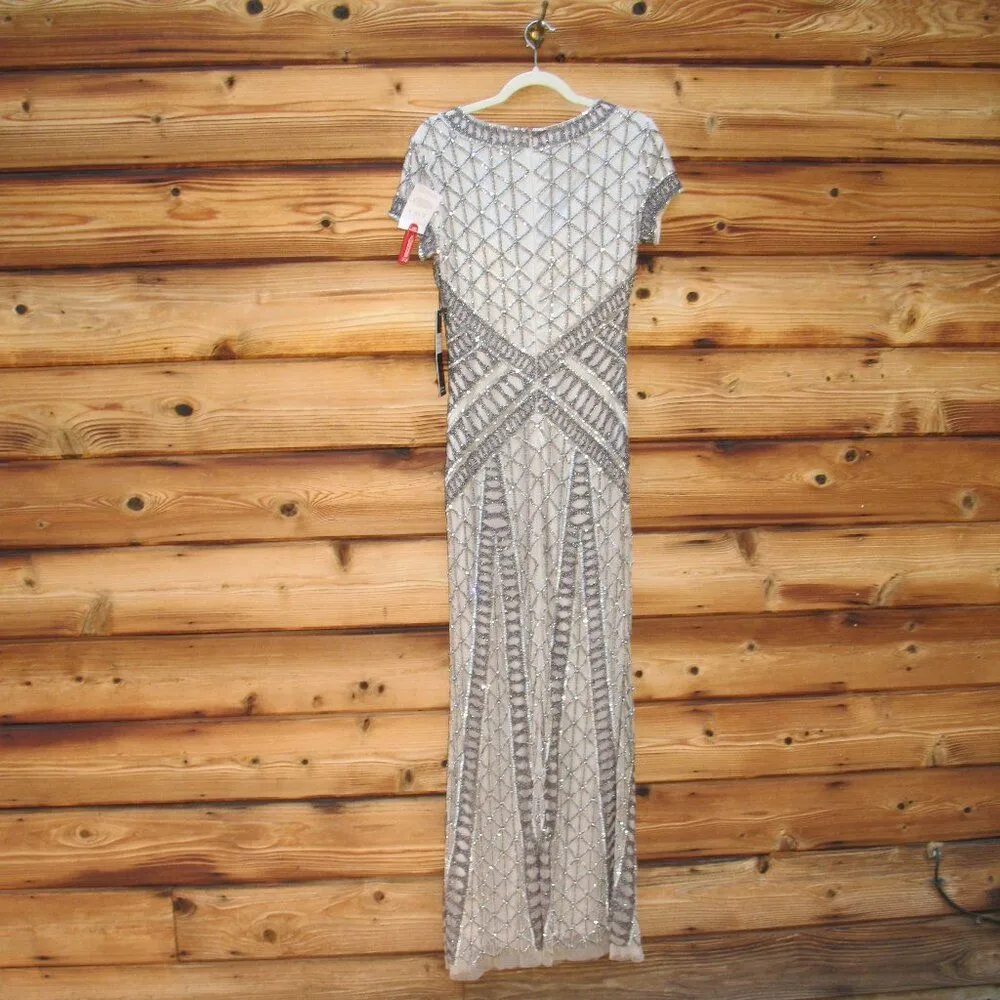 LARA Beaded V Neck Neckline Dress Gown Cap Sleeves Tan Size 6 - Image 10