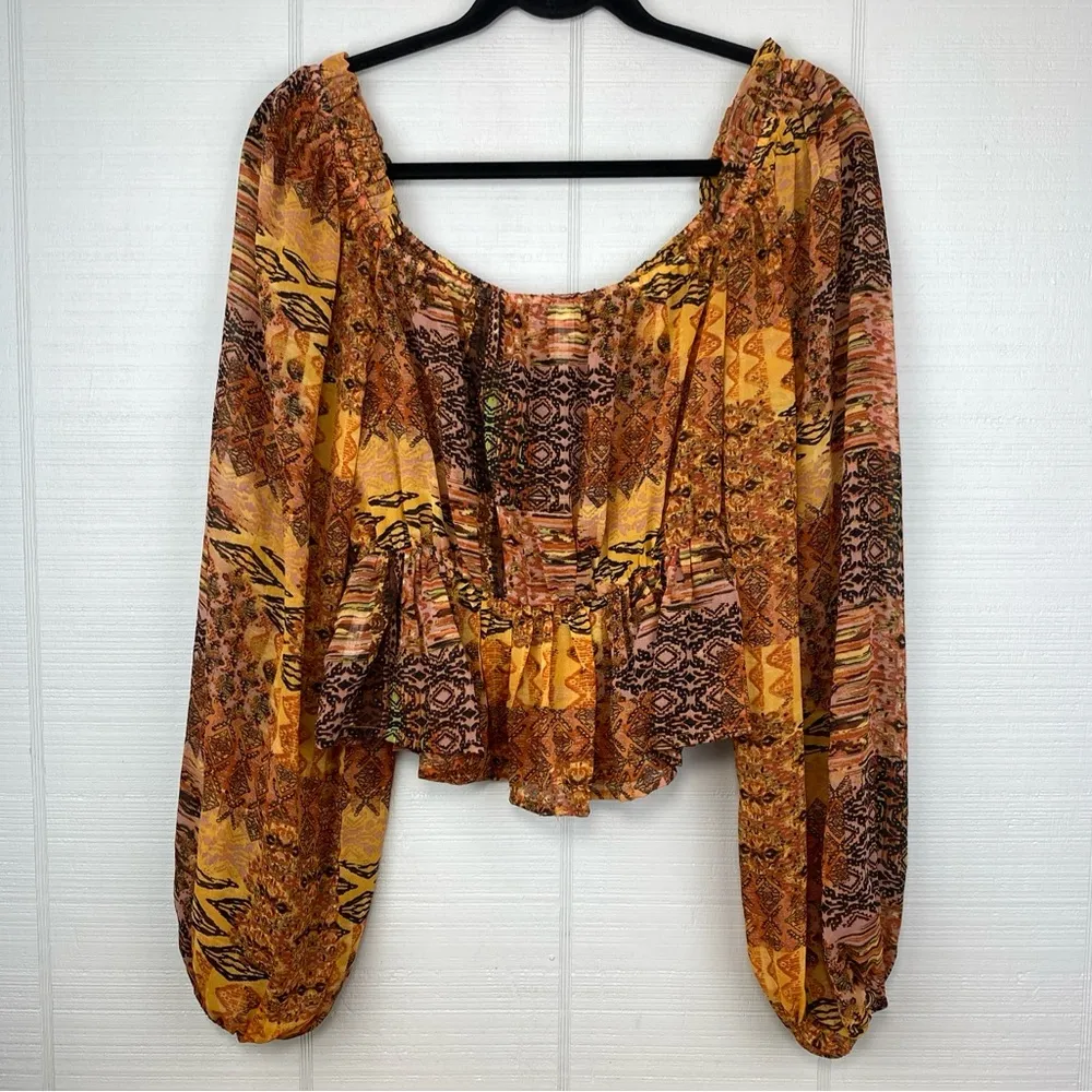 Live 4 Truth Orange Brown Mixed Pattern Peasant Top Balloon Sleeves Peplum Waist - Image 4