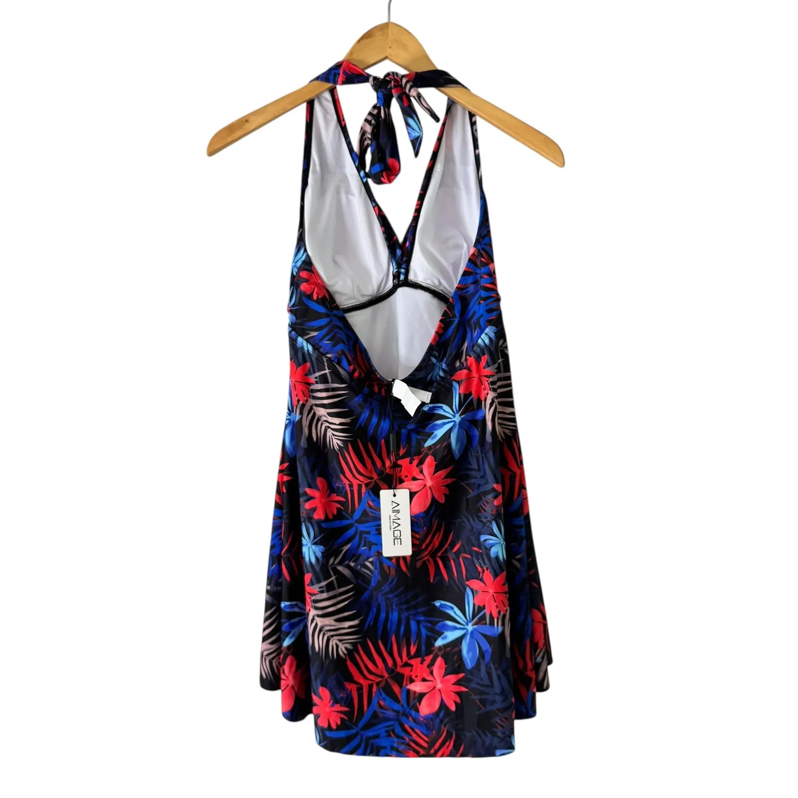 Aimage Halter Swim Dress Floral Print Swimsuit Cover Up Black‎ Red Blue L Black Size L - Image 2