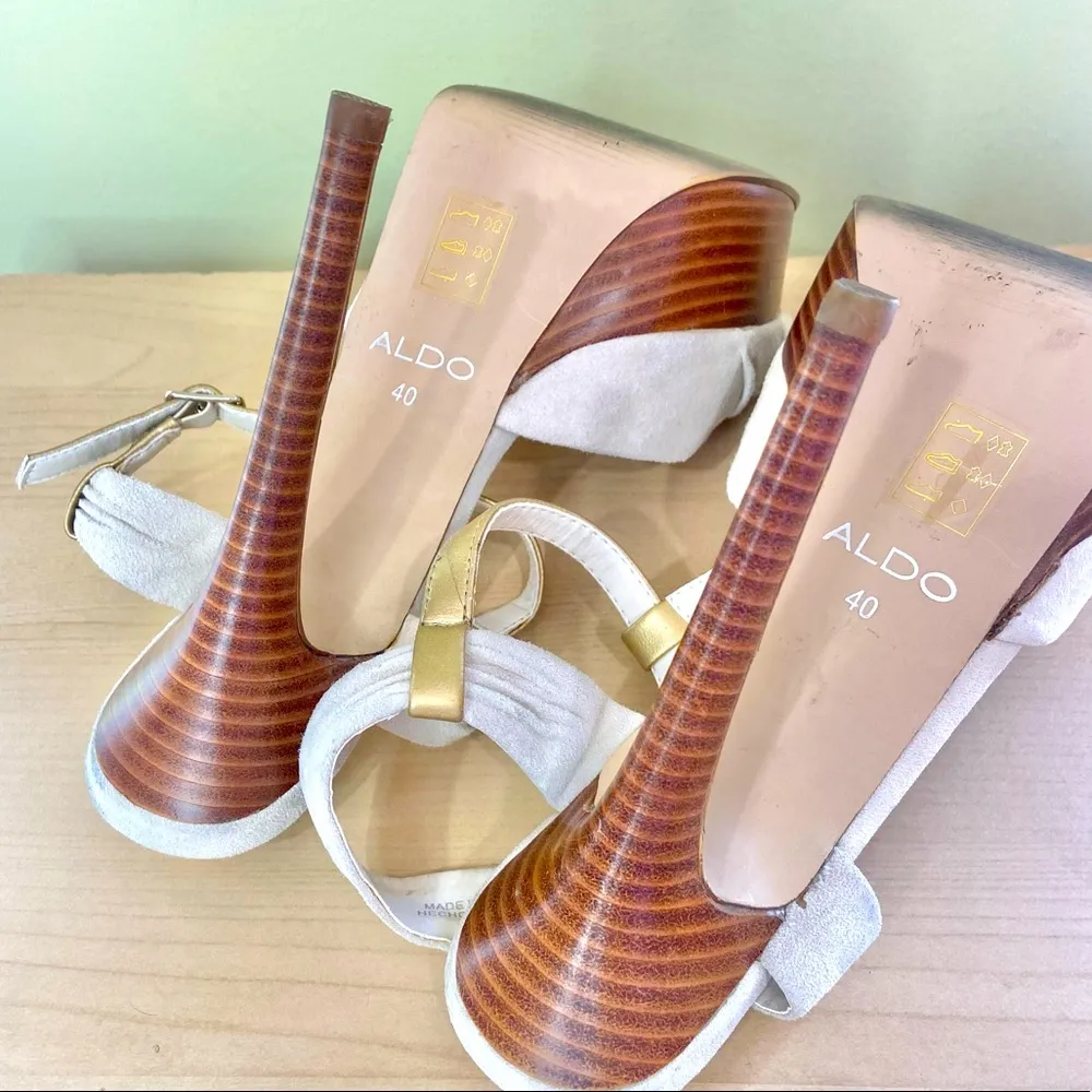 Platform Suede T-Strap Heels Gold Cream 40 - Image 7