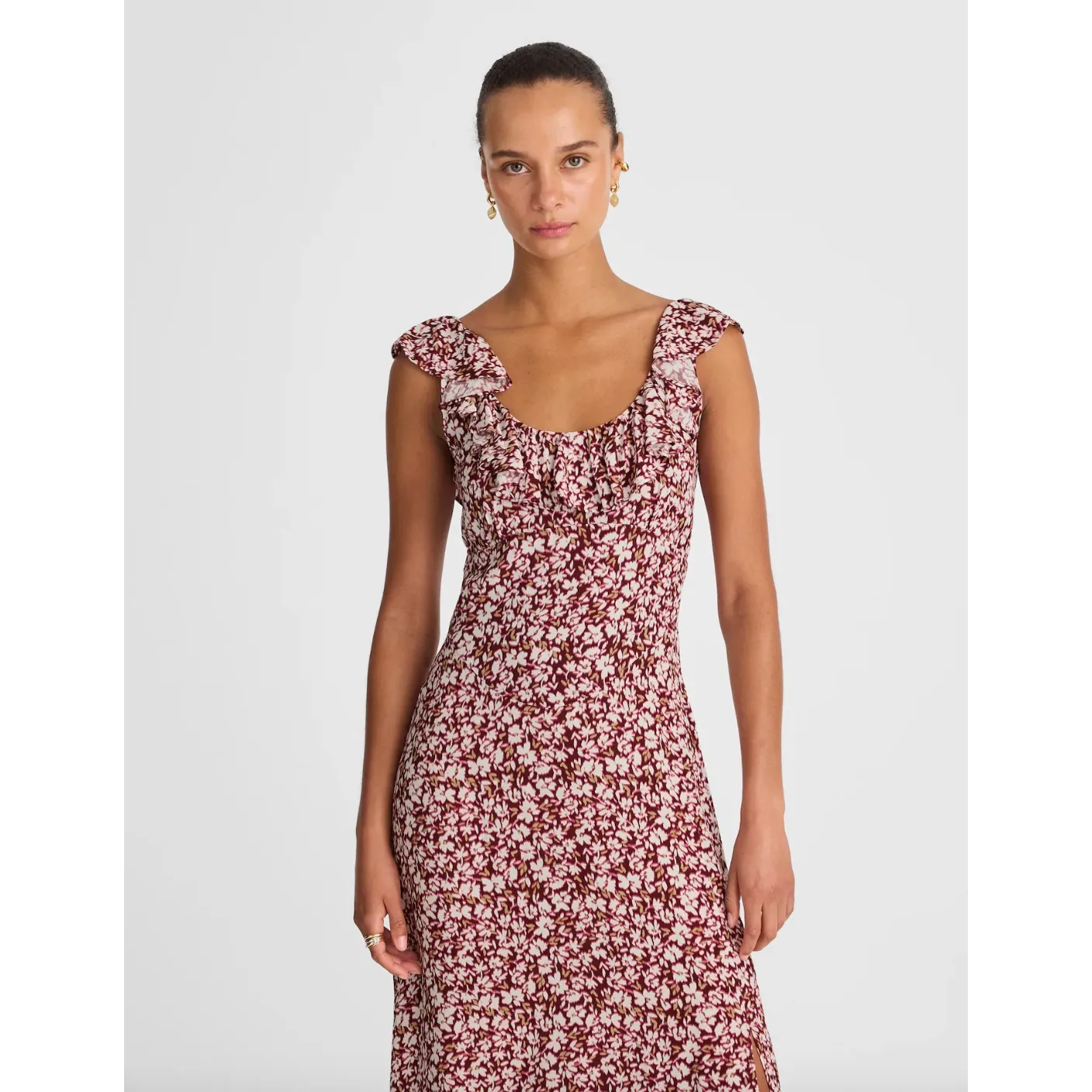 Madewell Ruffled Scoopneck Maxi Dress Emma Floral Burgundy Viscose US 8 NWT - Image 2