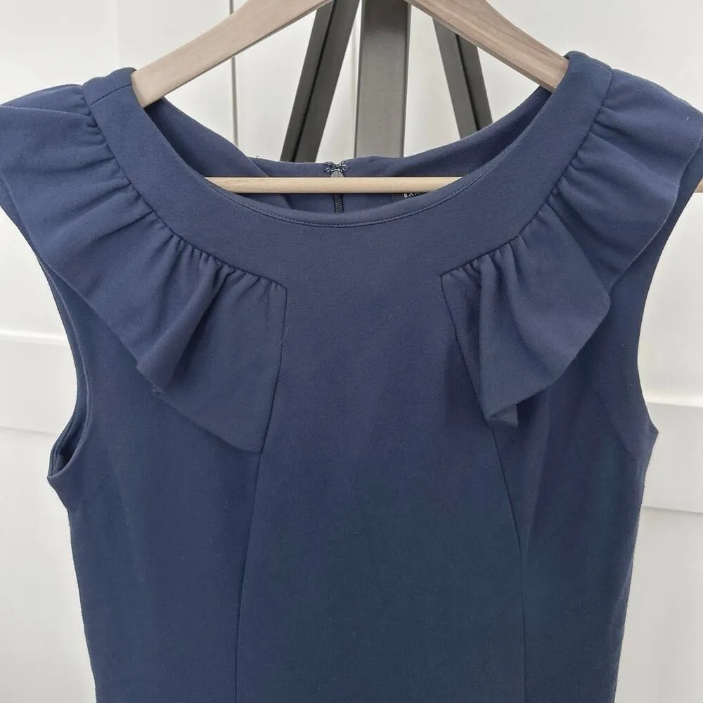 Banana Republic Size 6 Gail Sheath Dress Navy Blue Ponte Sleeveless Ruffle - Image 2