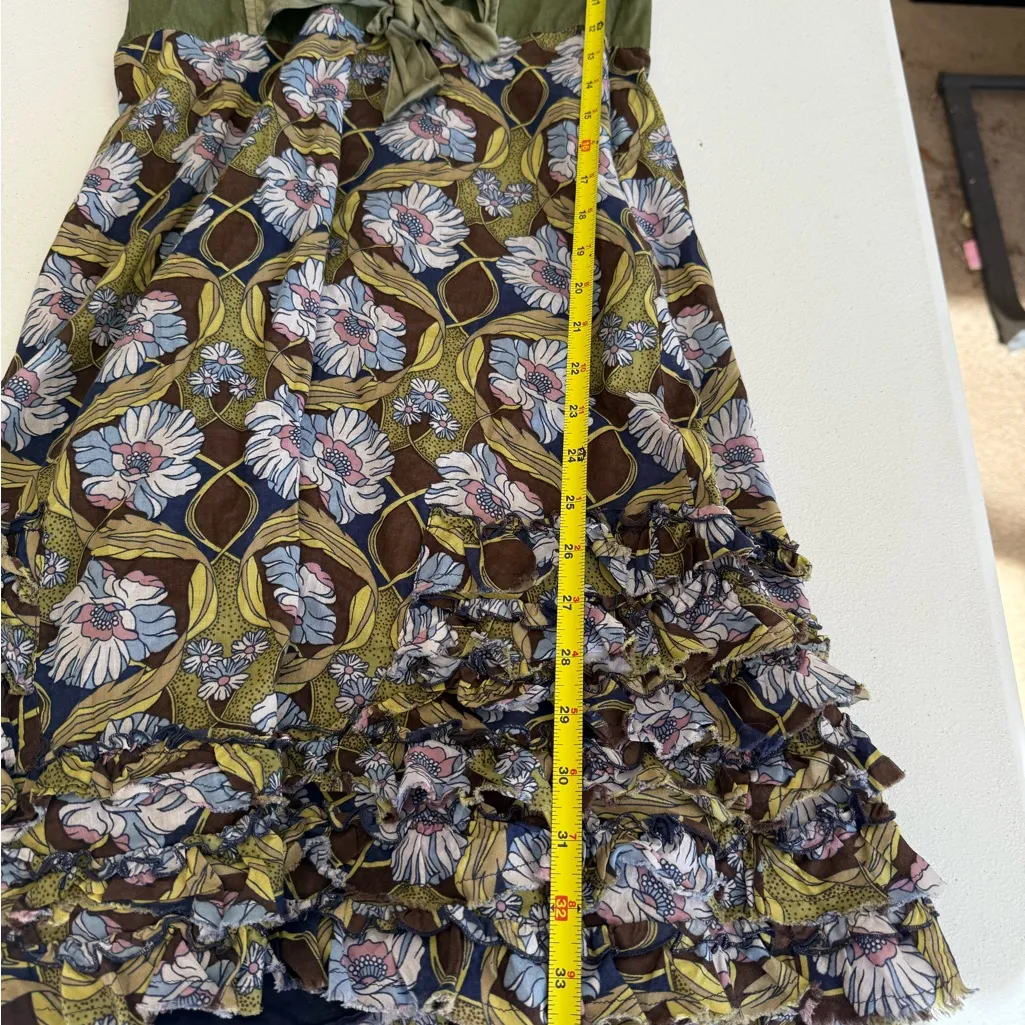 Free People A-Line Dress Womens Size 2 Green Brown Floral Tie-Back Short Sleeve - Image 4