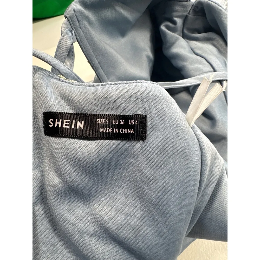 Shein Blue‎ Floral Embroidered Tulle Dress Party Cocktail Mini Lace Up Back S - Image 9