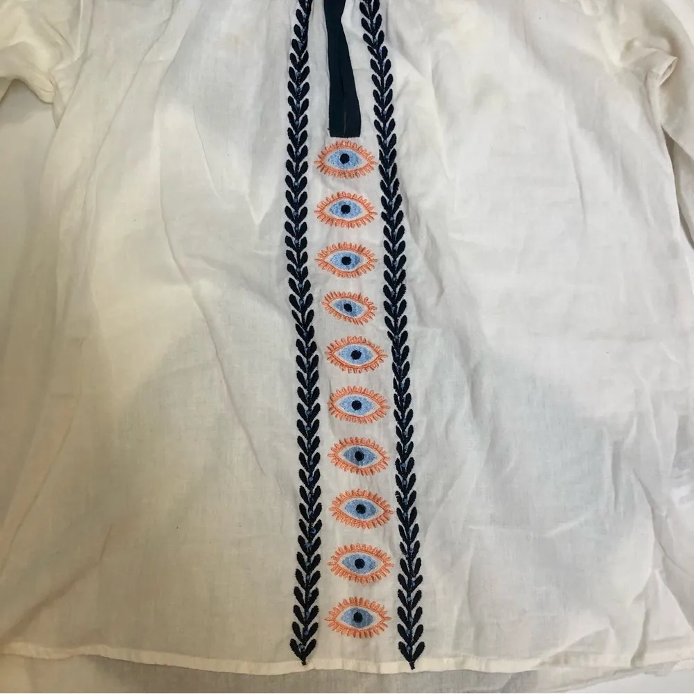 Anthro Christophe Sauvat Evil Eye Embroidered Peasant Top Tassels Boho Blue Sz A - Image 3