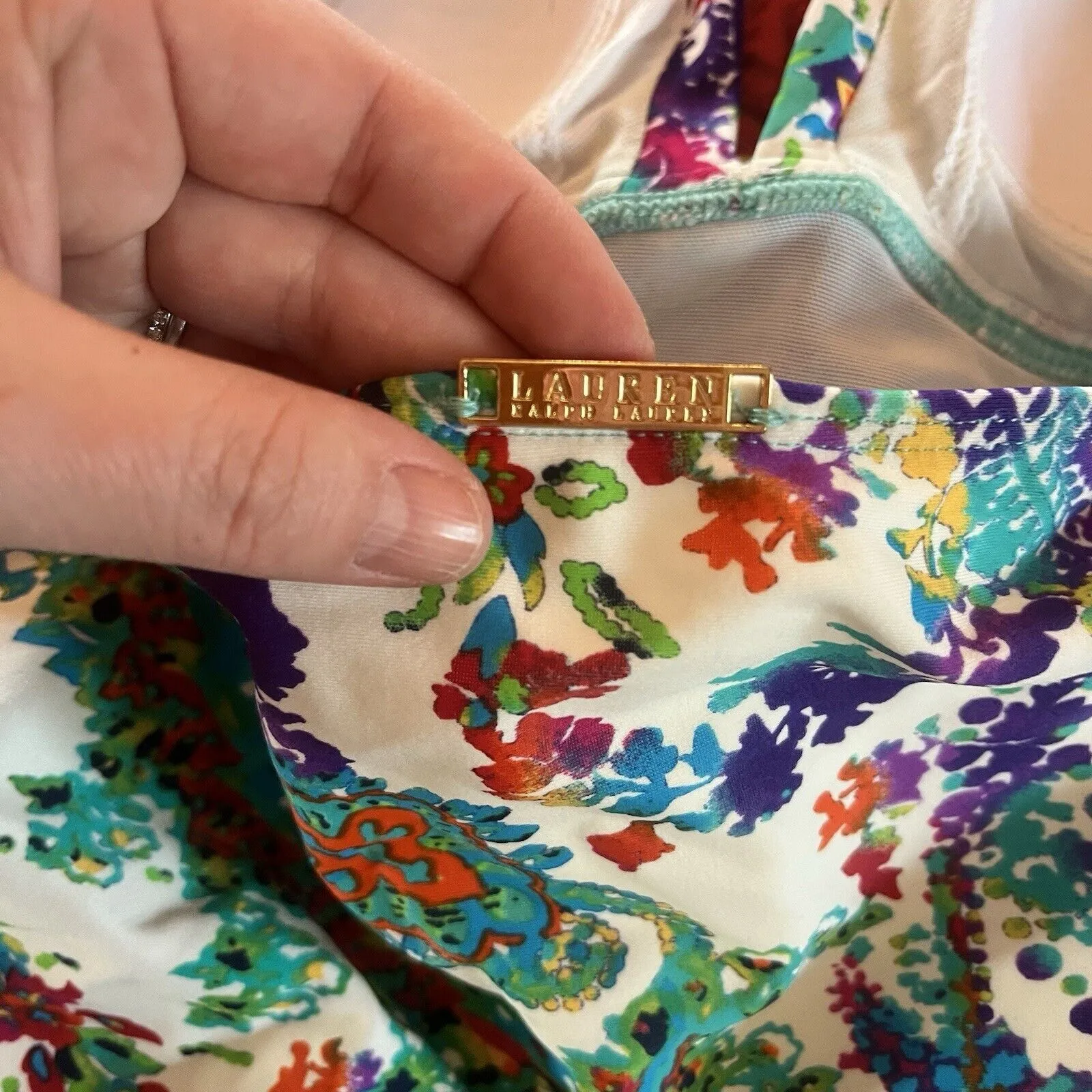 Lauren Ralph Lauren Swimsuit Women 10 One-Piece Teal Paisley Halter Neck Ruched - Image 7