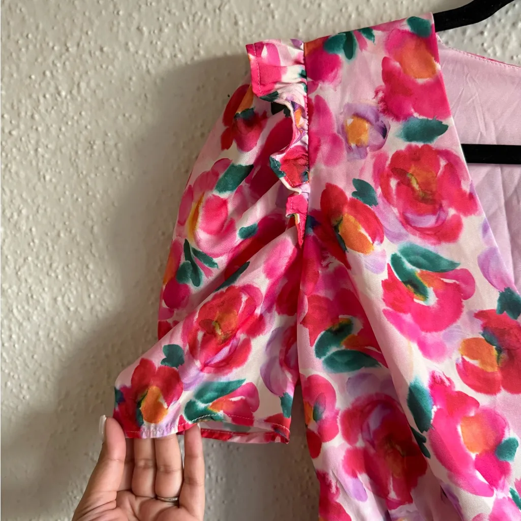 Adelyn Rae Red and Pink Sheath Midi Dress with Puff Cap Sleeves Size XS - Image 3