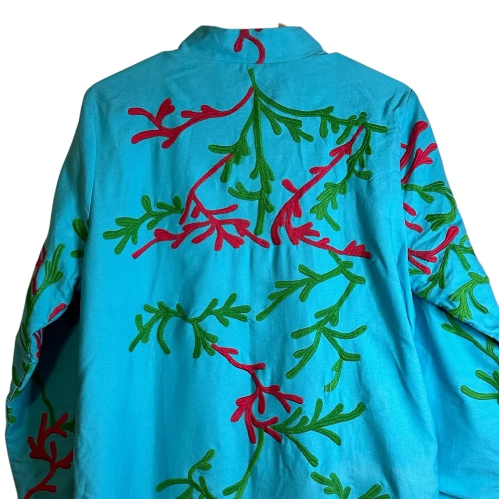 Gretchen Scott Designs NWT Blue Floral Embroidery Long Button Coat Size Large Green - Image 9