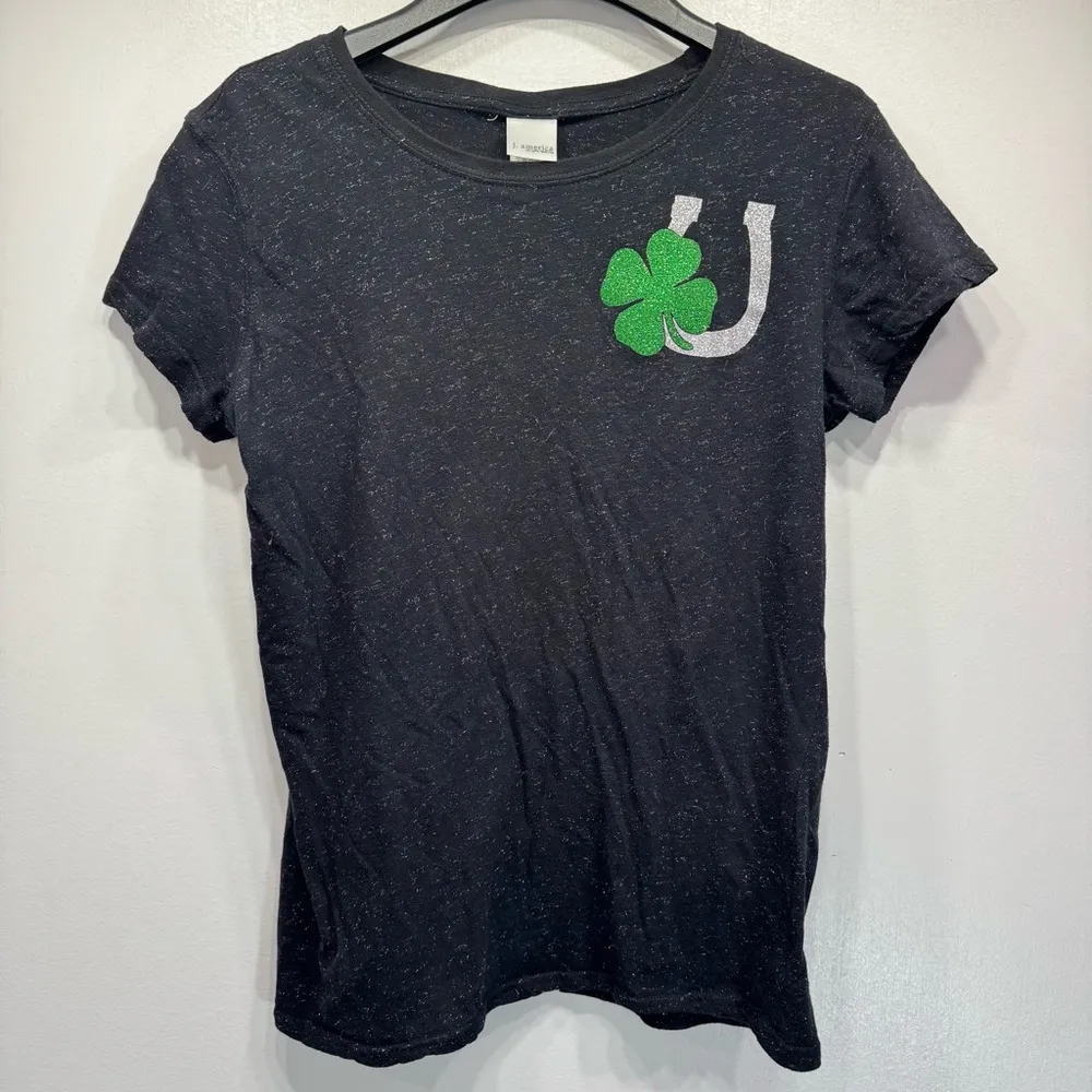 j. america Black Sparkly Slim Fit Tee Lucky Glitter Shamrock Clover & Horseshoe - Image 6