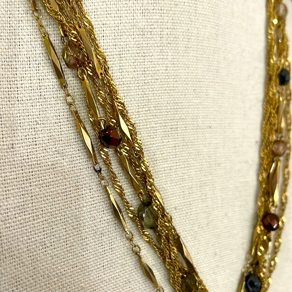 Jessica Simpson 7 strand gold tone statement necklace brown pendant and AB beads - Image 7