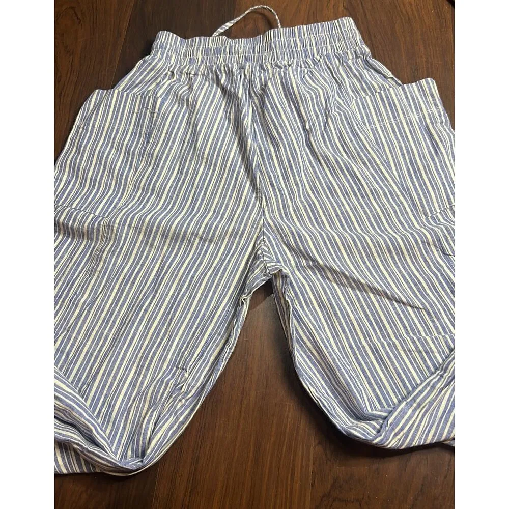 LaBiz striped blue and white wide leg cotton linen blend pants size small - Image 9