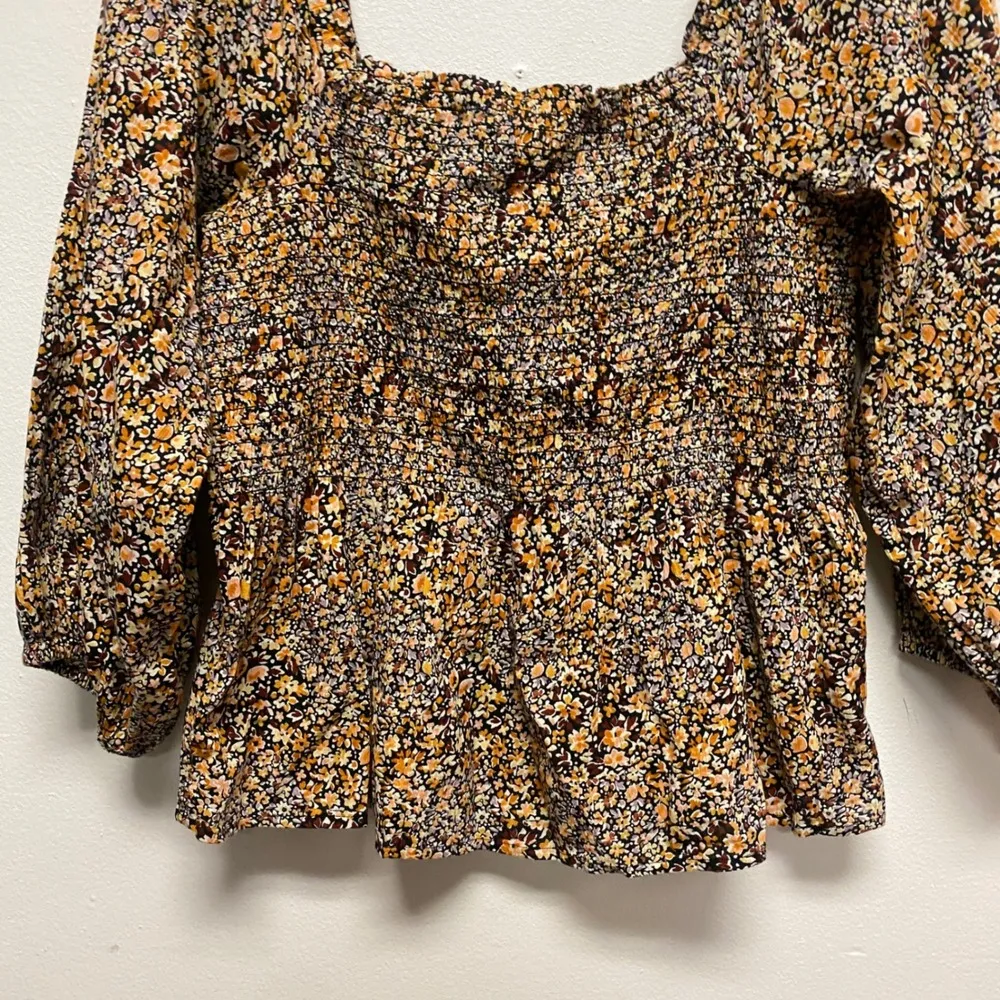 Madewell Floral Smocked Peplum Top Square Neck Long Sleeve Blouse Size 4 Summer - Image 2