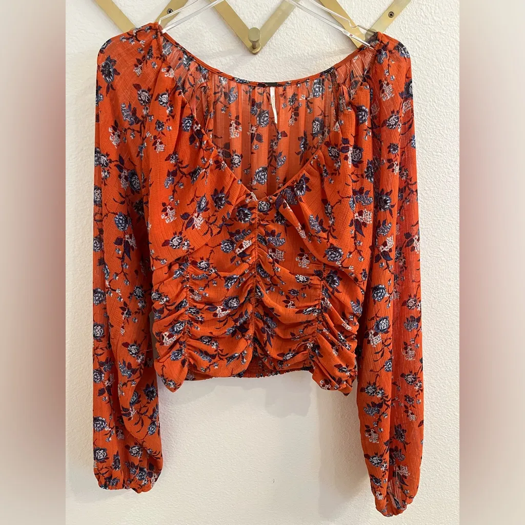 Free People Final Rose Blouse Rust Orange Floral Ruched Sweetheart Top Large - Image 8