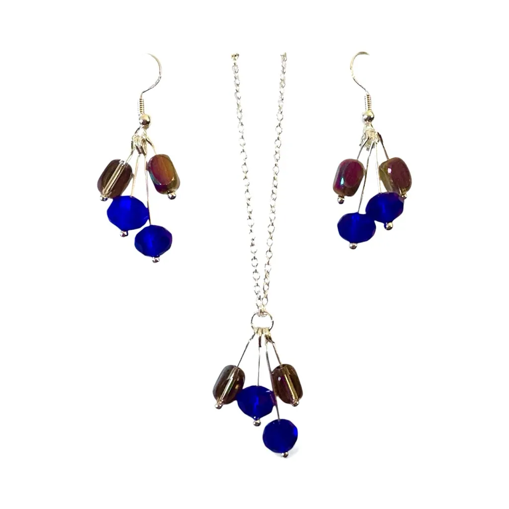 Crystal and Czech Glass Beaded Necklace and earring Set on 925 Chain and Hooks Blue - Image 2