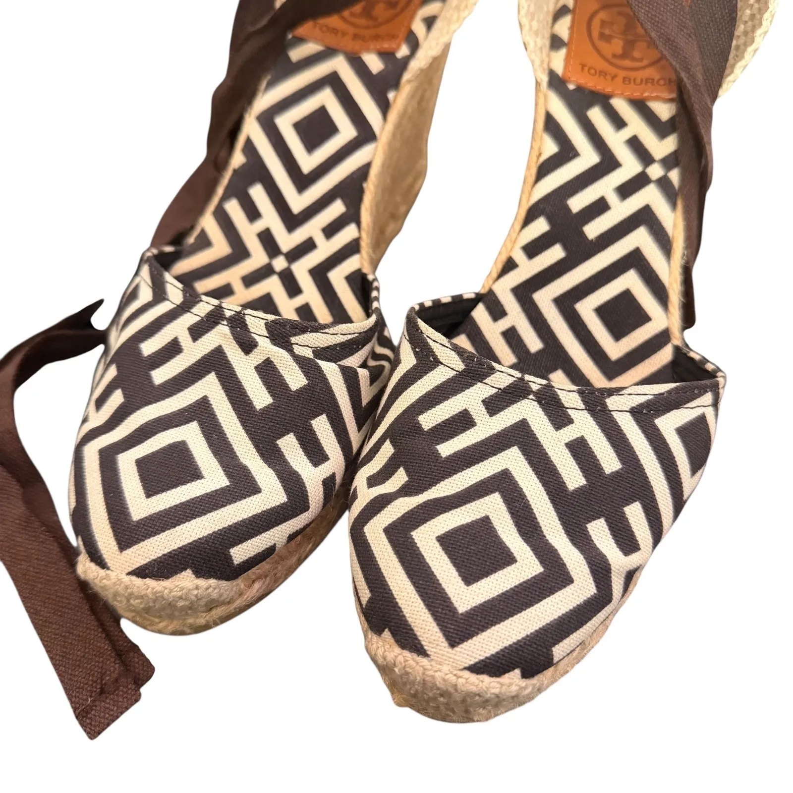 Tory Burch Wedge Espadrille Lace Up Ankle Strap Size 38 Geometric Print Canvas‎ - Image 2