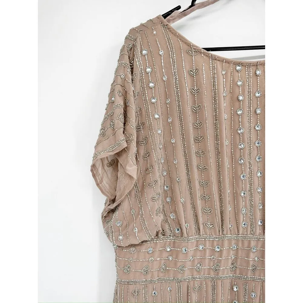 Mac Duggal Beaded Empire Waist Column Cocktail Mocha Midi Dress 16 New - Image 7