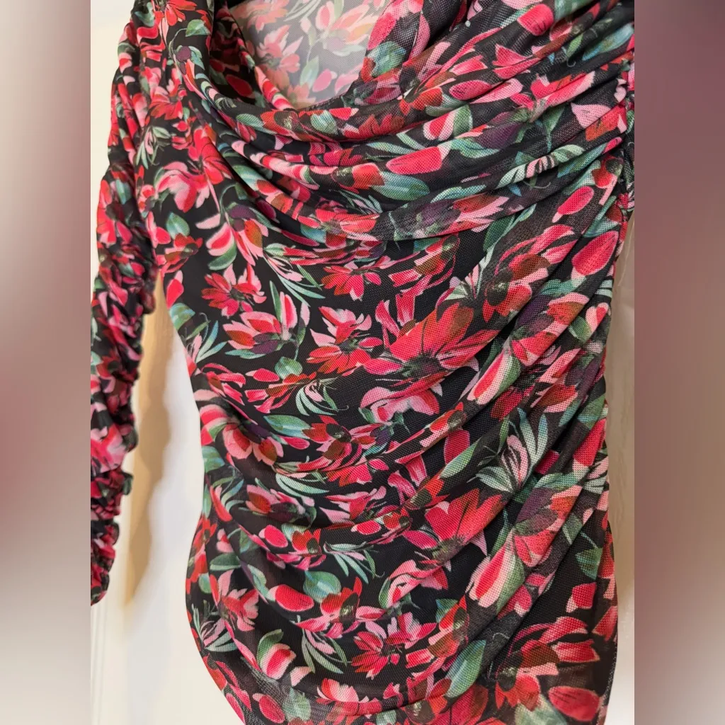 Guess Floral Long Sleeve Ruched Cowl Neck Top Small Black Red Green Stretchy NWT - Image 5