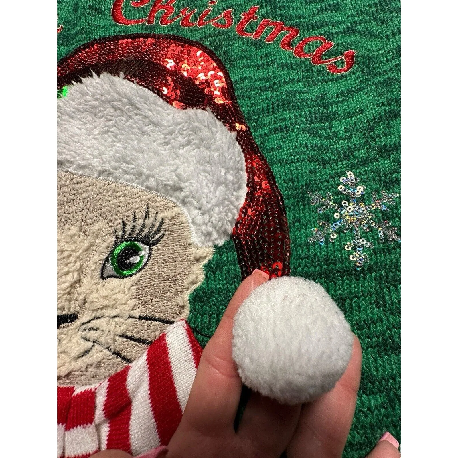 99 Jane Street XL Christmas Knit Green Sweater Cat‎ Appliqué Crew Neck #X9 - Image 5