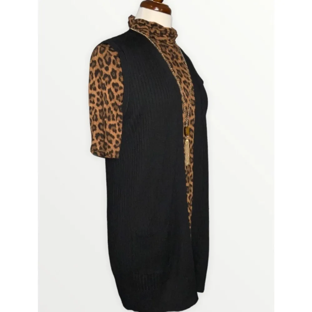 Michael Kors Leopard Short Sleeve Knit Top Spense Black Ribbed Knit Long Vest L Size L - Image 7