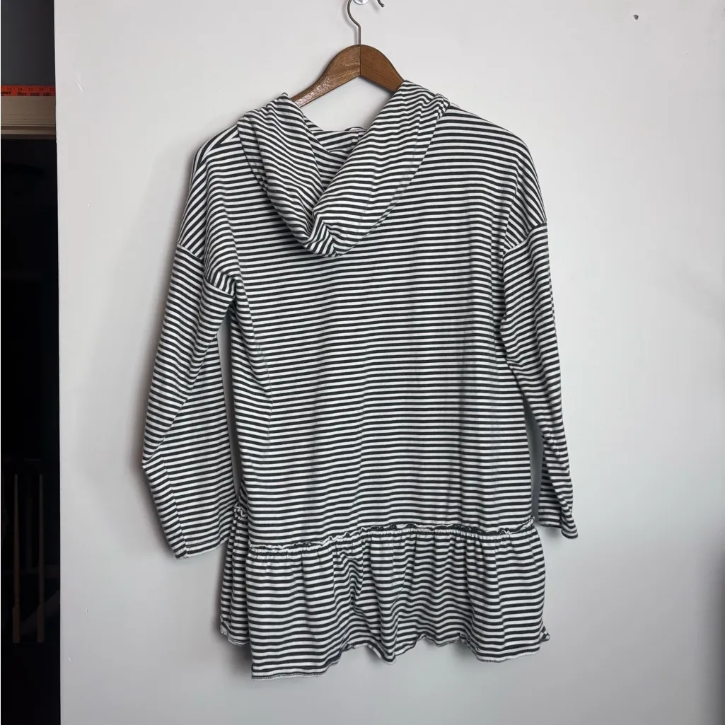 Doe & Rae Monochrome Gray White Striped Ruffle Long Length Hoodie Sweater - Image 6