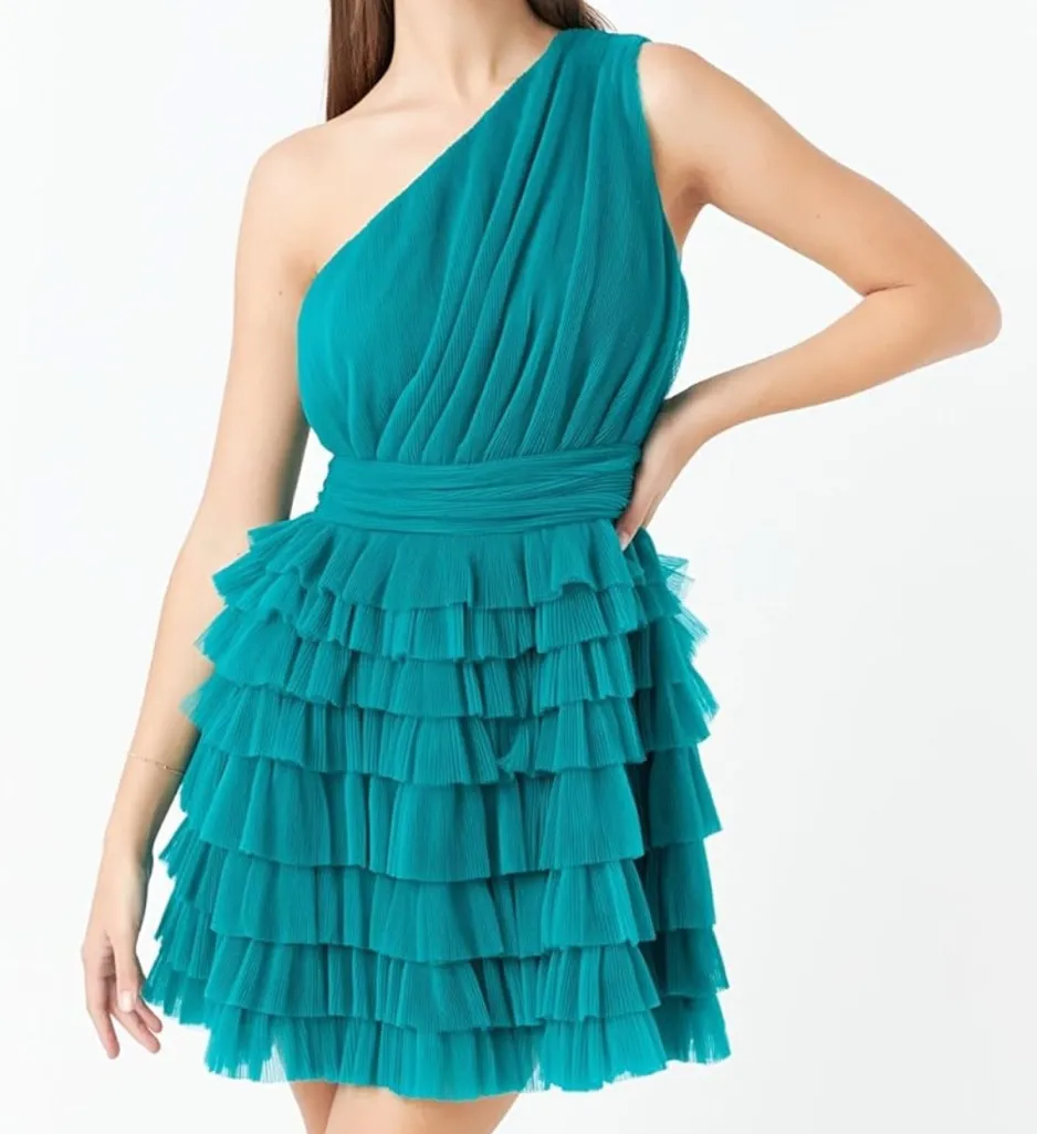 NWT Endless Rose One Shoulder Tiered Tulle Mini Dress Jade Green Size Medium - Image 1